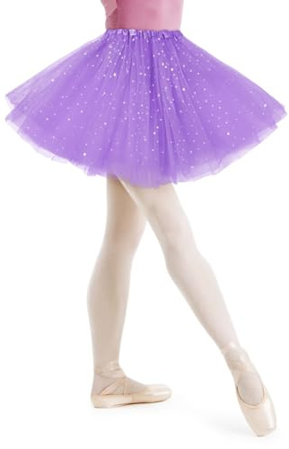AYBUY Tutu för kvinnor, klassisk kjol, elastisk tyllkjol i 3 lager med paljetter, stjärnor, underkjol för karneval, temafest, balett, dans, fin klänning, halloweenkostym, Paljetter ljuslila, En