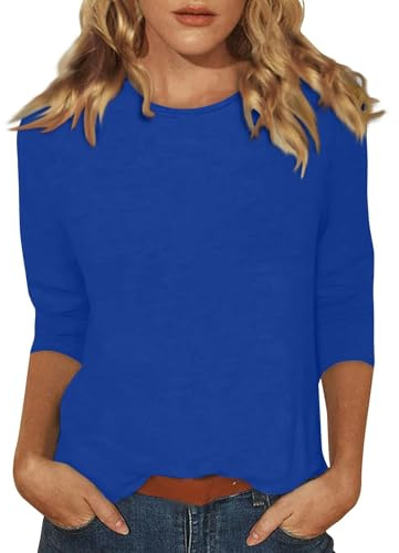 Shirt Damen 3/4 Arm Rundhals Tshirt Basic Elegant Bluse Baumwolle Einfarbig Sommer Tops Damen Pullover Casual Tunika Leichte Freizeit Herbst Oberteile