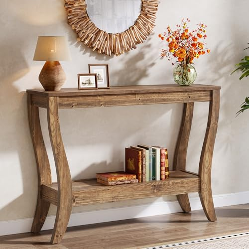 TRIBEWOOD Solid Wood Console Table With Storage, 41.3-Inch Farmhouse Entryway Table With Shelf, 2 Tier Wooden Sofa Table For Living Room Hallway Foyer, Brown