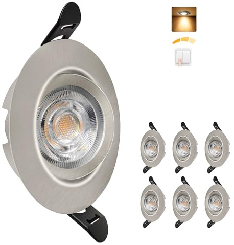 Aulaiyi LED Einbaustrahler 230V 3 Stufe Dimmbar 68mm 5.5W IP44 LED Spots | 45° Schwenkbar Deckenspots, 2700K Warmweiß Einbauleuchten, 25mm Ultra Flach Spots Deckenleuchte für Bad Küche, Nickel 6er Set