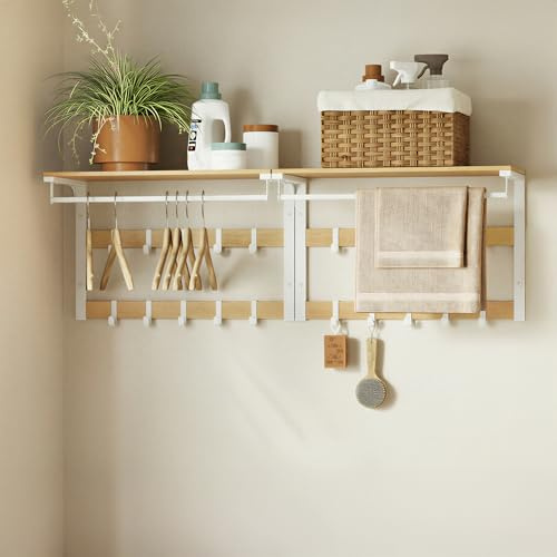 VASAGLE Wandgarderobe 2er Set, mit Ablage, Wandregal mit 10 abnehmbaren Haken, Hängeregal, Wandmontage, 2 Garderobenleisten, Kleiderstange, für Flur, Schlafzimmer, Badezimmer, eichenfarben-weiß
