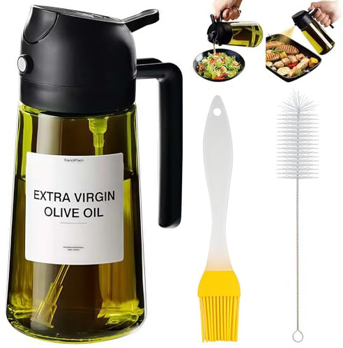 BlynthaToy 2 in 1 Spruzzatore Olio - 470ml Spruzzino Olio Per Friggitrice Aria, Bottiglia di Olio d'oliva in Vetro, Pennello per Olio, Pennello per Pulizia, per Cucina, Insalata e Barbecue, Nero