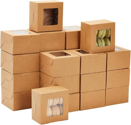 Mokolife 50 Stk Gebäck Boxen Gebäckschachtel Bäckerei Boxen Cupcake Box Keksschachtel Kraftpapier Geschenkboxen mit Fenster 10x10x6.3cm