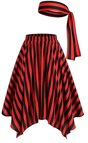 Gonna Pirata da Donna Corta a Vita Alta, Carnevale Costume da Pirata da Donna, Costume Rosso Nero Righe, Midi Asimmetrica Swing A Linea per Carnevale Feste