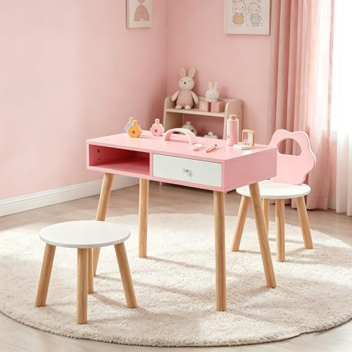 GOPLUS Schminktisch Kinder, Maniküretisch mit Stuhl & Hocker, Frisiertisch aus Holz, Nageltisch mit Lidschatten, Make-up-Pinsel, Nageltrockner & 3 Nagellacken, Nagelstudio-Rollenspiel für Mädchen ab 3