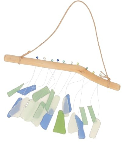 YDuupxe Campana a in Vetro Marino, Campanelli da Esterno in Legno Trasportato Dalla Corrente Realizzati a Mano, Legno Riciclato e Vetro Marino, Tono Chiaro e Delicato, Decorazione Costiera da
