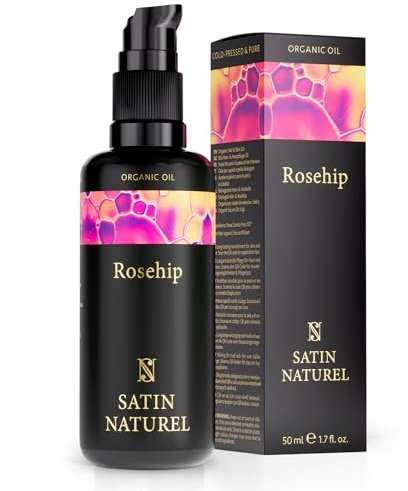 Satin Naturel BIO Rosenöl 50ml - 100% reines Hagebuttenöl kaltgepresst - Gesichtsöl, Körperöl, Massageöl, Hair Oil - Wildrosenöl, Rosehip Oil zur Pflege von trockener Haut - Anti Falten Wirkung