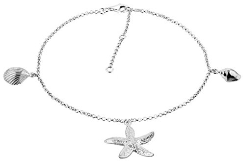 Nenalina Fußkettchen Silber mit Anhänger Seestern und Muscheln, Damen Knöchel Armband Maritim verstellbar für Damen und Mädchen, Länge 23-27 cm, 925 Sterling Silber, 381010-000