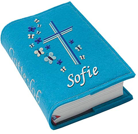 Gotteslob Gotteslobhülle Großdruck Kreuz Schmetterlinge blau Filz mit Namen bestickt hellgrau weiß dunkelgrau lila blaugrau dunkelblau türkis maigrün flieder, Farbe:türkis