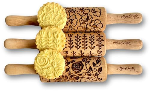 FIORE DA GIARDINI Mattarello Decorativo per Biscotti - Set di 3 Mattarelli Piccoli | Mattarello Inciso | Rullo per Biscotti e per Modellare per fai da te | Mattarello Legno Goffrato di Algis Crafts
