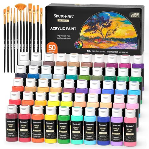 Shuttle Art 62PCS Kit Peinture Acrylique, 50 Couleurs (60ml) Peinture Acrylique avec 12 Pinceaux, Peintures pour Artiste Non Toxique, Acrylique Peinture pour Toile,Tissu pour Artiste, Débutant, Enfant