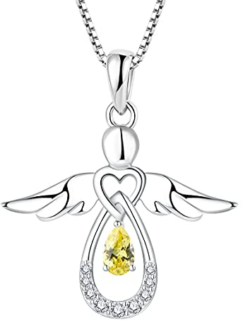 FJ Damen Kette Schutzengel Anhänger Halskette 925 Sterling Silber Engel Kette mit Geburtsstein Zirkonia Schmuck Geschenke für Frauen Mädchen