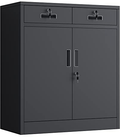 JINGUR Metal Storage Cupboard with Locking Doors and 2 Drawers (Black) | Lockable Steel Storage Cabinet with Adjustable Shelf and Adjustable Feet for Home Office Garage Kitchen Pantry
