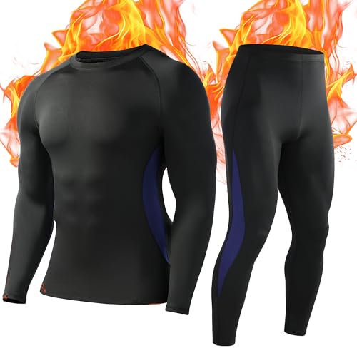 Roadbox Mens Thermal Underwear Fleece Lined Long Sleeve Tops & Leggings Compression Sports Base layer for Winter Cycling Football