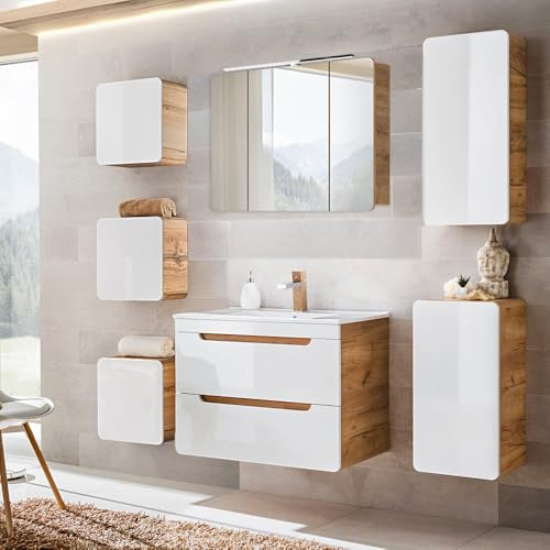 Lomadox Set di mobili da bagno in bianco lucido con rovere Wotan, 81 cm, mobiletto sottolavabo con lavabo in ceramica, armadietto a specchio LED, 3 armadi pensili, armadietto alto