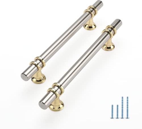 Rergy 10 Pack 5 Inch Brushed Nickel and Gold Cabinet Pulls Heavy-Duty Kitchen Cabinet Handles, Rust-Resistant and Durable Drawer Pulls Zinc Alloy Hardware for Cupboard,Closet,Cabinets