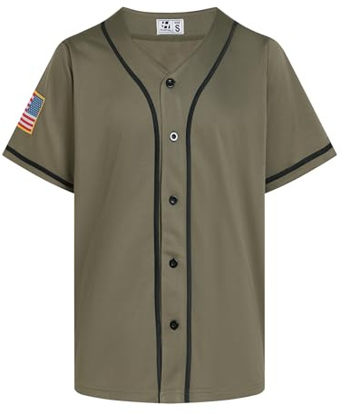 Pullonsy American Flag Plain Baseball Jerseys Shirts for Men Full Button Down Veteran's Day,ArmyGreen-Black Stripe Plain,Size XL
