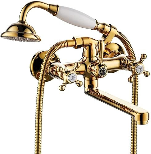 YRUIIA Badewannenarmaturen Bad Duschset Wandmontage Wannenbatterie Badarmatur Wannenarmatur Kreuzgriff Duschset Duschset Wannenmischer mit Handbrause für Badewanne-Golden