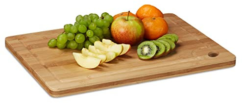 Relaxdays 2 x Tranchierbrett Bambus, Schneidebrett, mit Saftrille & Griffloch, massiv, HxBxT: 2 x 40 x 30 cm, Holz, naturfarben