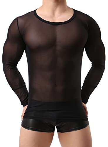 Drelaar Men's Round Neck Long Sleeve T-Shirt Sexy Mesh See Through Undershirt Small Black