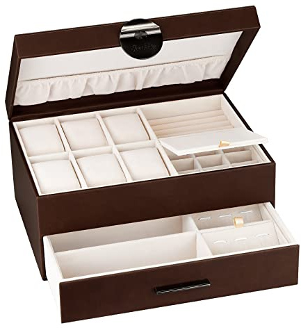 BareTulip Jewelry Box for Men 2 Layer Jewelry Organizer with 1 Drawer for Storage Display Rings Necklaces Earrings and Watch Brown