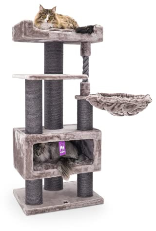 Petrebels Kratzbaum große Katzen, Platzsparend, Parklane 131 cm, Cappuccino | sehr stabil, Ø 12 und Ø 15 cm dicke Stämme, mit XL Hängematte, Schlafhöhle, Loungesofa, dicke Bodenplatte, für mehrere Katzen