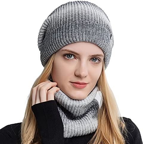 TAGVO Wintermütze und Loop Schal Damen Winter Warme Mütze Beanie Schal Set mit Dicke Fleecefutter für Ski