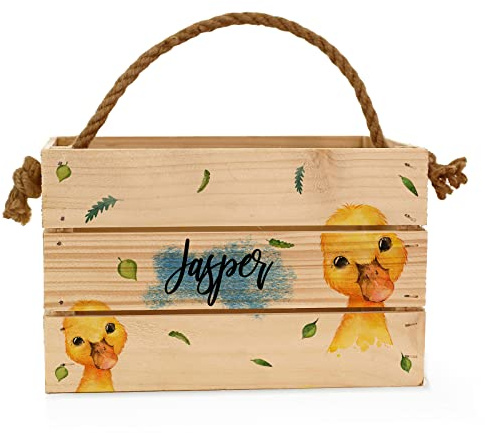 Hairyworm Personalised Easter Basket, Empty Easter Egg Hunt Box, Wooden Hamper, Craft Crate with Rope Handle, Yellow Duck Leaf Design, Duck Easter Box