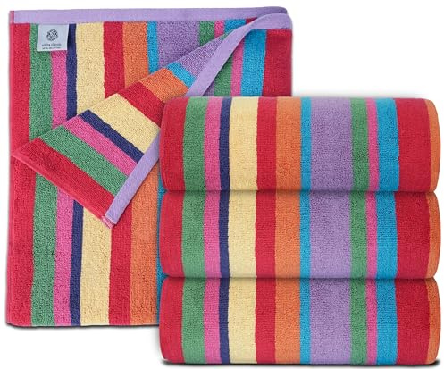 White Classic Cotton Beach Towels Oversized 30 x 60 Inches, Ultra Absorbent and Low Lint Striped Pool Towels for Adults, Unique Rainbow Design Luxury Extra Large Bath Towels, 4 Pack