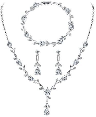 Bridal Jewellery Set for Wedding, AAA+ Cubic Zirconia Necklace Bracelet Drop Dangle Earrings Set, Costume Jewelry Prom Party Engagement Wedding Jewellery for Bridal Bridesmaid (a-silver)