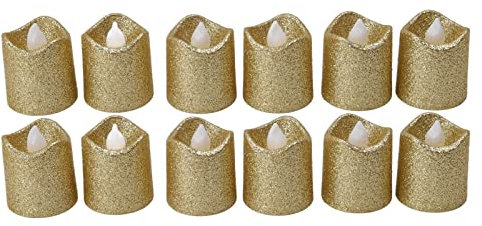 Lot de 12 Bougies Chauffe-Plat LED, Bougies sans Flamme, Bougies Votives sans Flamme Dorées, Bougies Chauffe-Plat Scintillantes sans Flamme, Bougies Chauffe-Plat à Paillettes en Fausse Cire pour Fête