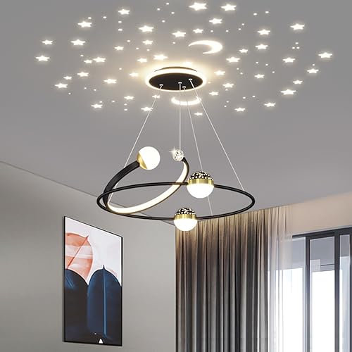 Bellastein Moderne LED Hängeleuchte Esstisch Sternenhimmel Pendelleuchte mit Fernbedienung Chic Ring Design Büro Kronleuchter Küchen Wohnzimmer Deckenleuchten Höhenverstellbar (L60cm, Schwarz)