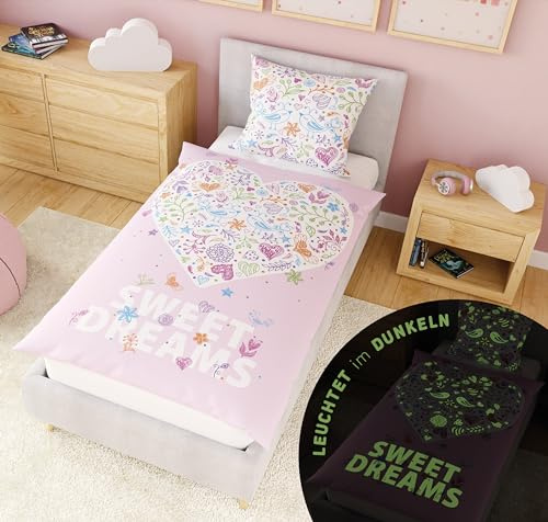 Carpe Sonno Kinderbettwäsche 135x200 cm Sweet Dreams – leuchtet im Dunkeln | Kinder Bettwäsche Glow in the Dark | 100 % Renforcé Baumwolle, Oeko-Tex | Kissenbezug 80x80 | Mädchen & Jungen