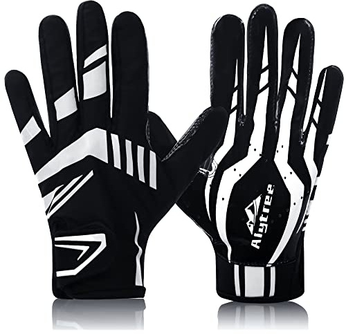 Alytree Football Gloves for Kids 8-12,No-Slip Youth Wide Receiver Glove,Enhanced Performance Silicone Gloves, Adjustable Super Sticky for Boys and Girls (Blue-Black-M/L) (White-Black, Adult L)