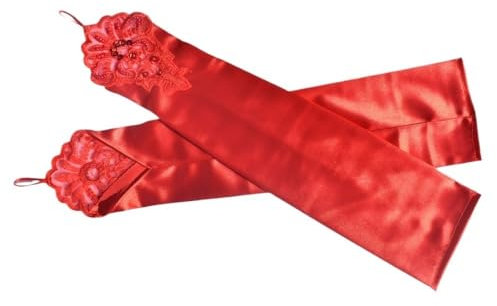 CHRISK Dingzhu Retro-Ball-Party-Handschuhe für Damen, bestickter Blumenaufnäher, 48 cm lang, farbig, Satin, Gesicht, Haken, Fingerhandschuhe, rot, One size