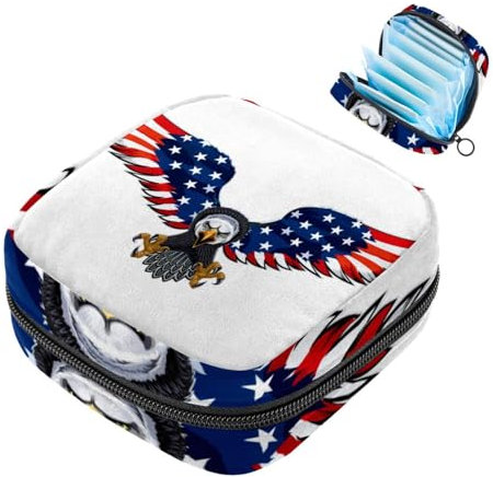 1 x Damenbinden Aufbewahrungstasche, großer Damenbinden-Organizer, wiederverwendbar, erste Perioden-Tasche für Mädchen, Frauen, Damen, 17 x 17 x 12 cm, Adler, USA-Flaggen-Druck