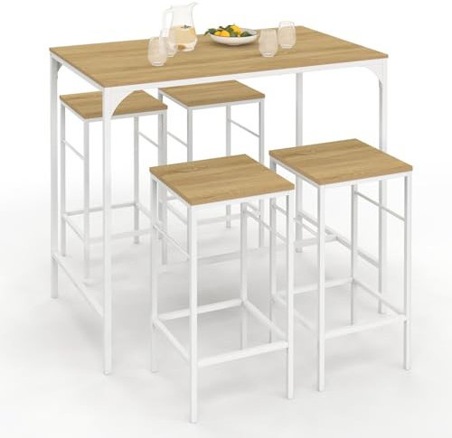 IDMarket – Conjunto de mesa alta de bar Detroit 100 cm y 4 taburetes madera y metal, color blanco