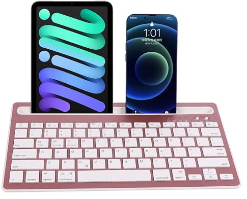 Wireless Bluetooth Keyboard with Tablet/Phone Holder, Ultra-Slim Portable Rechargeable Silent QWERTY Keyboard, 78 Keys, Support Switching Between 2 Devices for Laptop Tablets Smartphones(Rose Gold)