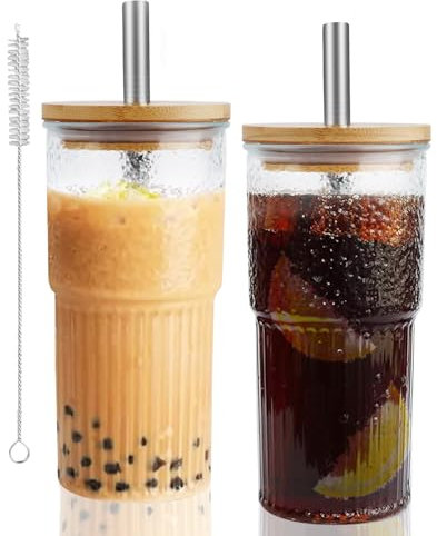 VMUTGA 2PCS Clear Striped Glass Mugs, 600 ml Vaso Con Tapa de Madera, Tazas de Café, Tazas de té Transparentes,Tazas de Cristal Reutilizables