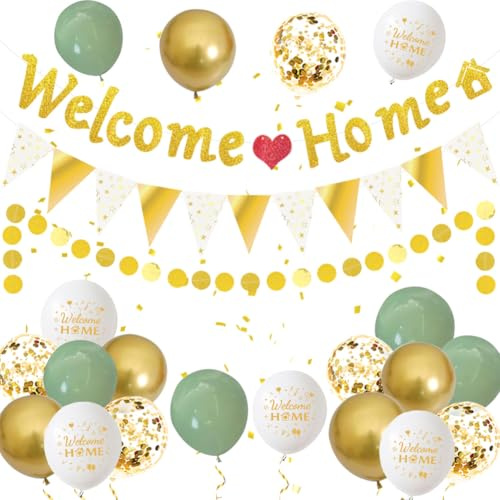Willkommen Zuhause Deko Welcome Home Banner Welcome Back Garland Herzlich Willkommen Zurück Dekoration für Zuhause Geburt (Grün Gold)