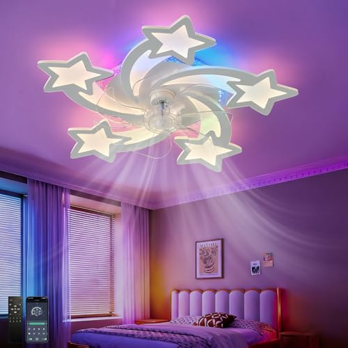Fachae RGB Ceiling Fan with Lights and Remote Control Black | Reversible Quiet DC Motor Bedroom Fan Light LED Dimmable Living Room White Modern Flower Ceiling Fan Designs,6 Speed,Memory