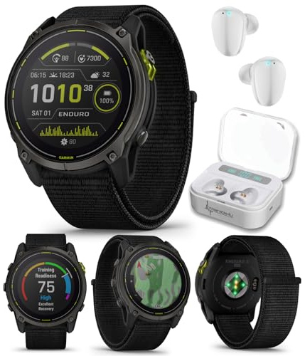 Wearable4U Garmin Enduro 3 – 51 mm, Solar, Sapphire, Ultraperformance GPS Smartwatch, Carbon Gray DLC Titanium with Black UltraFit Nylon Strap White Earbuds Bundle