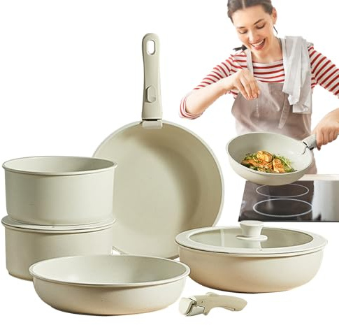 Safe Panspots-set, induktionskokkärl – gräddvit non-stick matlagningsset – non-stick belagd, krämvit, avtagbart handtag för matlagning av stekpannor. Kastrullset för stekpannor