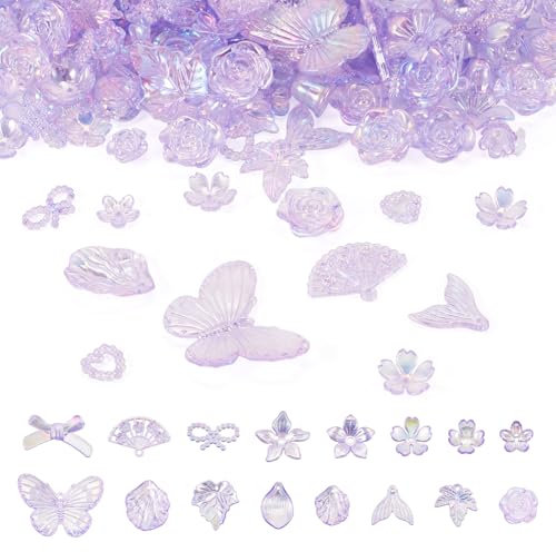 Bestewelry 100 g de cuentas acrílicas de mariposa con lazo, cuentas acrílicas surtidas de hojas de flores a granel para manualidades, pulseras, collares, aretes, joyería, color lila