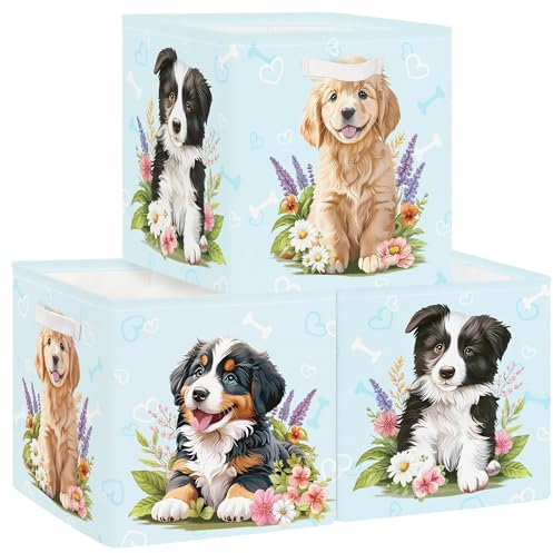 Clastyle Set di 3 Scatole Portaoggetti Animale Domestico Cubo di Stoccaggio per Armadio Vestiti Cesto Scaffali Bambini Scrigno dei Giocattoli e Libri per Scuola Materna, Cane, 30x30x30 cm