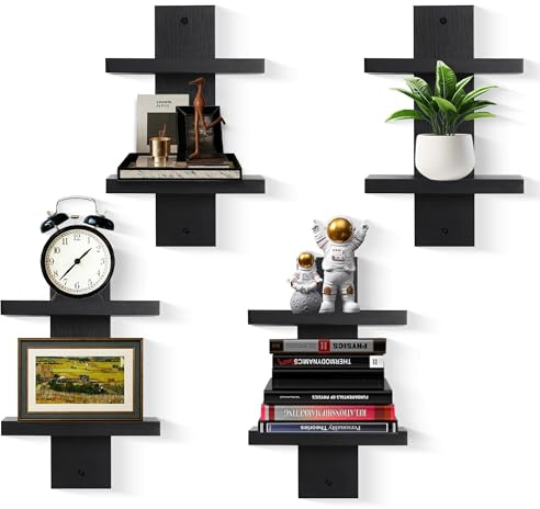 2-Tier Vertical Wall Shelf, Column Design Floating Shelves, Stackable Decorative Shelves for Home Decor, Organizer and Storage in Living Room and Bedroom, Heavy Duty, Set of 4 (Black)