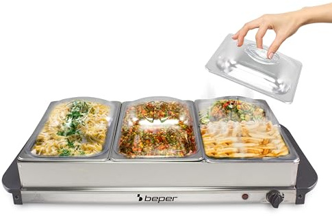BEPER P101TEM002 Chauffe-Buffet, Chauffe-Aliments, 4 Plateaux Amovibles + Base chauffante, Thermostat réglable et poignées isolantes, Lavable au Lave-Vaisselle, Idéal pour Les fêtes