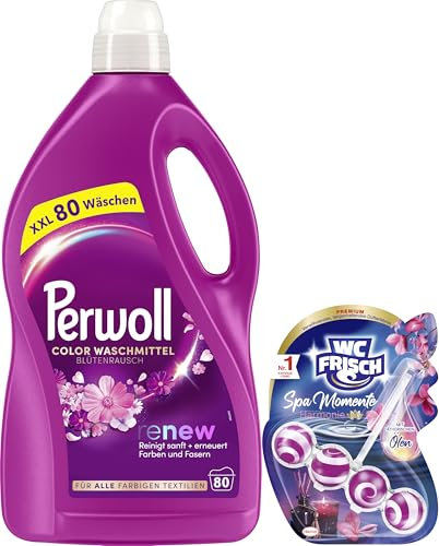 PERWOLL Blütenrausch Waschmittel (80 WL) - Feinwaschmittel reinigt sanft und erneuert farbige Textilien - mit Dreifach-Renew-Technologie & WC FRISCH Spa Momente Harmonie Toilettenstein