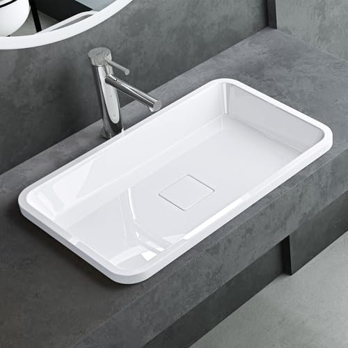 Mai & Mai Bathroom Sink Basin Countertop Wash Basin | Cast Stone Resin Sink Rectangular Glossy White | Solid Surface Sink with Drain Cover | WDH：53x33x10cm Col104