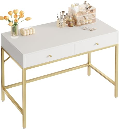 SUPERJARE 31.5 White and Gold Desk with 2 Drawers, Modern Vanity Desk, Small Makeup Table for Home Office Writing Study Bedroom